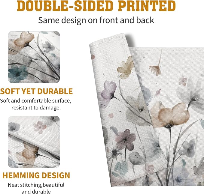 Flower Placemats Set of 4 Brown Cream Grey Poppy Flowers Table Mats Watercolor Rustic Vintage Floral Place Mat Farmhouse Linen Fabric Placemat for Party Kitchen Dining Outdoor Indoor Decor 12x18 Inch