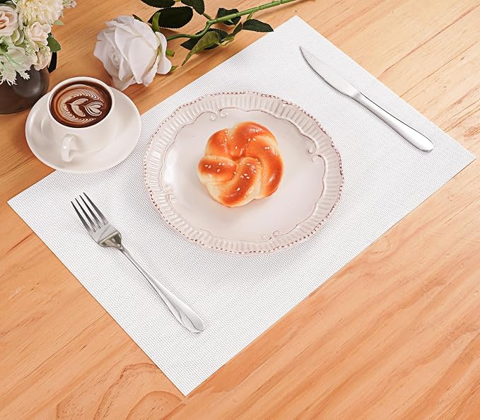 Zupro White Placemats Set of 4 Woven PVC 18"x12" for Indoor Outdoor Usage | Washable Heat-Resistant Non Slip Table Mats PVC Vinyl Kitchen Dining Patio Table Place Mats for Holidays Dinner Parties BBQs