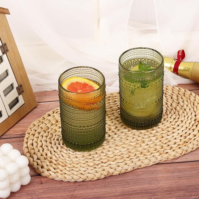 Moretoes12 Pack 12 Oz Green Hobnail Drinking Glasses Set,Water Glass Cups | Highball Glasses Embossed Boho Kitchen Bar Tumbler Glassware Set for Whiskey, Beer, Juice, Milk and Various Mixed Drinks