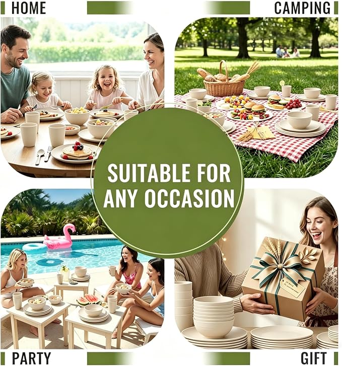 Dinnerware Sets 40 PCS Wheat Straw Plates and Bowls Sets With Cups Service for 8 Microwave Safe Dishes for Kitchen Lightweight Dish Set for RV Outdoor Activities Travel - Beige Colors