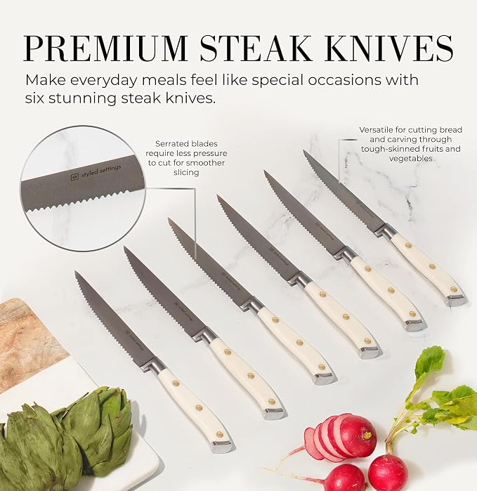 Styled Settings White Knife Set with Block and Sharpener, 14-Piece | Ultra-Sharp High Carbon Stainless Steel Knives with Gold Triple Rivet White Handles and Ashwood Knife Block