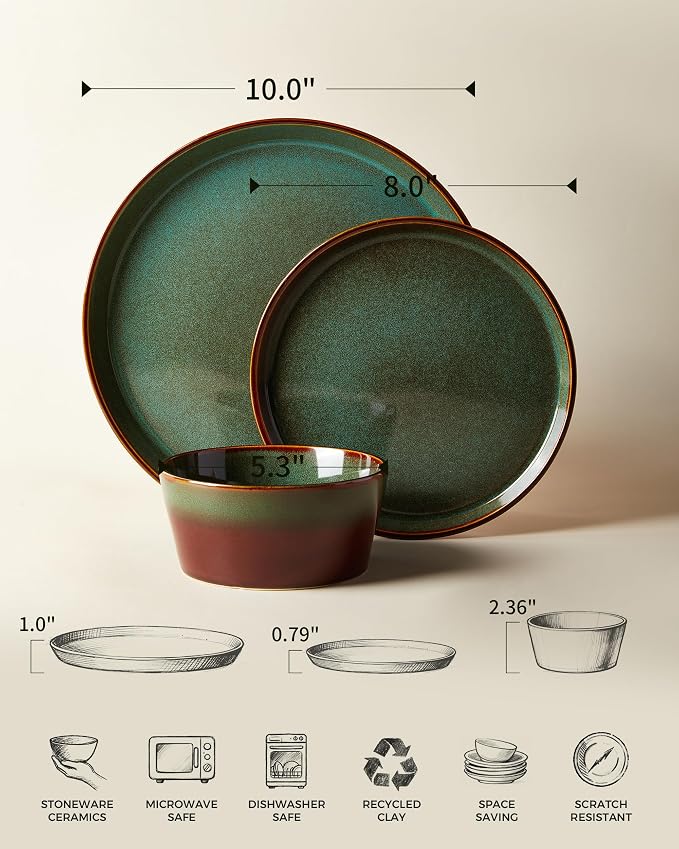 Plates and Bowls Sets for 4, Ceramic Dinnerware Sets, Kitchen Dish Set, Microwave & Dishwasher Safe Dishware, Highly Durable Hand Glazed Dinner Set, Brown Green