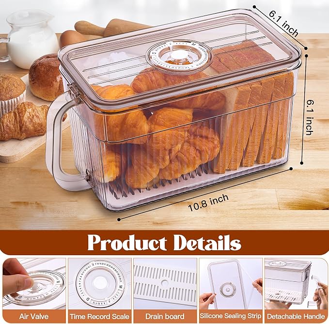 Gifhomfix 2PCS Bread Box for Homemade Bread Airtight Bread Boxes for Kitchen Counter, Time Recording Bread Storage Container with Handle, Tawny