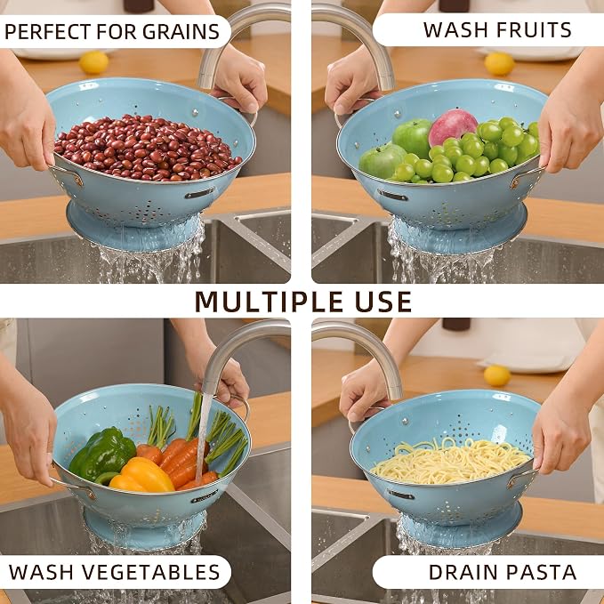 Metal Colander 2 Pack, Strainer Bowel with Handles 2Qt & 6Qt Powder Coated Solid Ring Base Heavey Duty Kitchen Drainer Basket for Pasta Veggies and Fruits,New Home Apartment Essentials (ArcticBlue)
