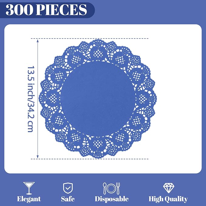 300 Pack 13.5 Inch Round Blue Paper Doilies, Disposable Lace Placemat | Rustic Scallop Doily Table Pads, Heavy-Duty Paper Place Mats for Cakes, Crafts, Parties, Weddings, Buffet, Home Decor