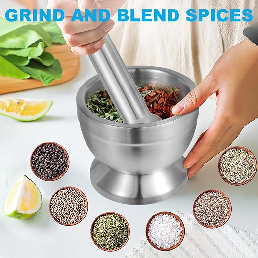 Mortar and Pestle Set, 18/8 Stainless Steel | Non-Slip Base, Food-Grade Stainless Steel Spice Grinder for Grind Spices, Herbs, Pills & Make Pesto – Easy to Clean