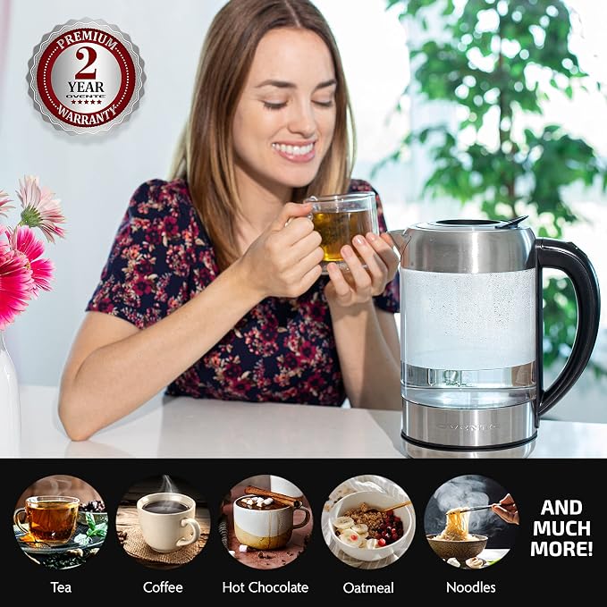 OVENTE 1.7L Glass Electric Kettle Water Boiler, Silver KG612S | 1500W Fast Boiling, Easy Fill Lid, Borosilicate Glass, Blue LED Light, BPA-Free, Auto Shut-Off, Boil-Dry Protection