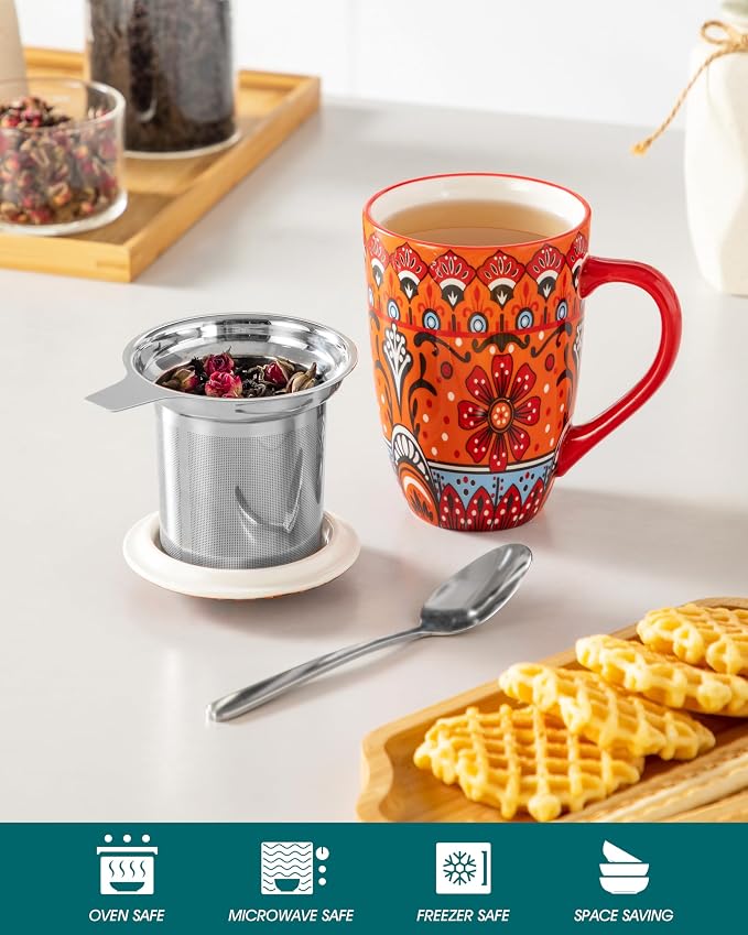 vancasso 18 Oz Tea Infuser Mug with Lid, Crimson Sunburst | Eye-Catching Bohemian Pattern, Adds Charm to Any Tea Corner, Ceramic Mug with Infuser, Microwave and Dishwasher Safe