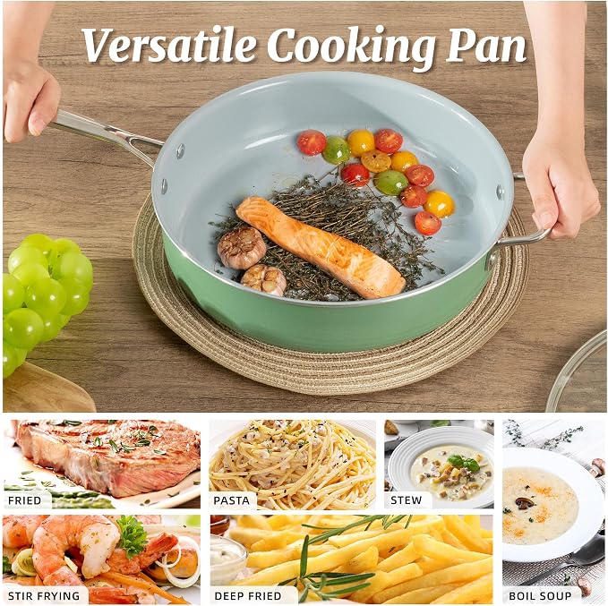 Nonstick Sauté Pan with Lid 5 QT Deep Frying Pan with Stainless Steel Handle 12 inch Large Skillet Ceramic Jumbo Cooker for Cooking Induction Compatible Frying Pan, Green