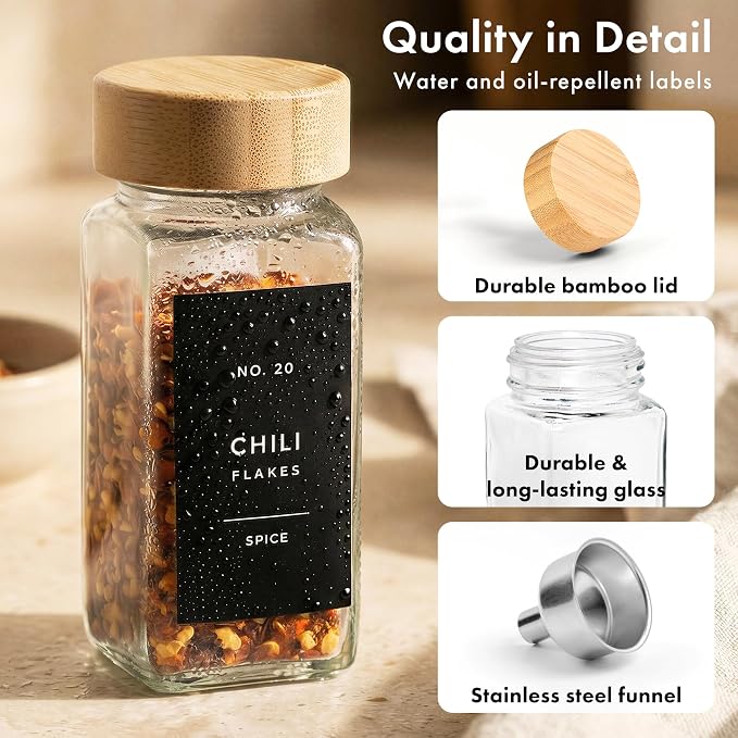 Glass Spice Jars with Label, 36x Bamboo Wooden Lids - Black Labels | Airtight Lids keep spices fresh, Kitchen Spice Drawer Organizer, 4oz Seasoning Containers incl. Funnel, Brush & 240 Labels