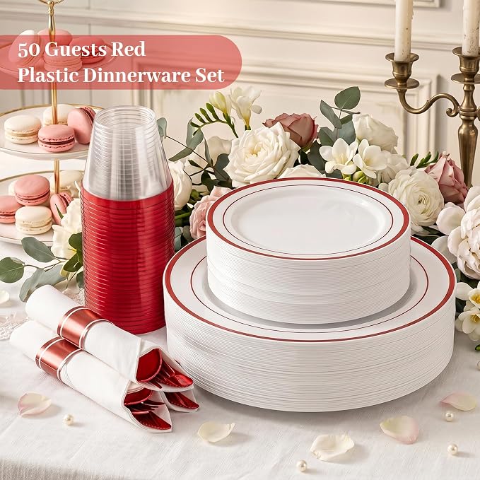 DaYammi 350PCS White and Red Plastic Dinnerware Set for 50 Guests, Fancy Disposable Plates for Party, Include: 50 Dinner Plates, 50 Dessert Plates, 50 Pre Rolled Napkins with Red Silverware, 50 Cups