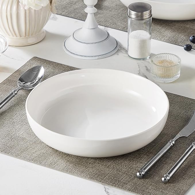 MALACASA 48 Oz Pasta Bowls Set of 4, Ceramic Salad Bowls, White | Microwave, Oven (482F), and Dishwasher Safe, For Pasta, Salad, Cereal, and Soup, 9 Inch Wide Shallow Design, Stackable, LUNA