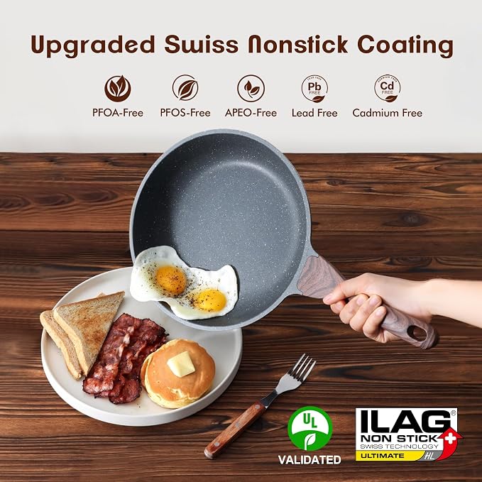 SENSARTE Nonstick Frying Pans, Grey(8+9.5+11 Inch) | Swiss Granite Coating, Free of PFOA&PFOS, Compatible with All Stoves Including Induction Cooktops, Easy to Clean