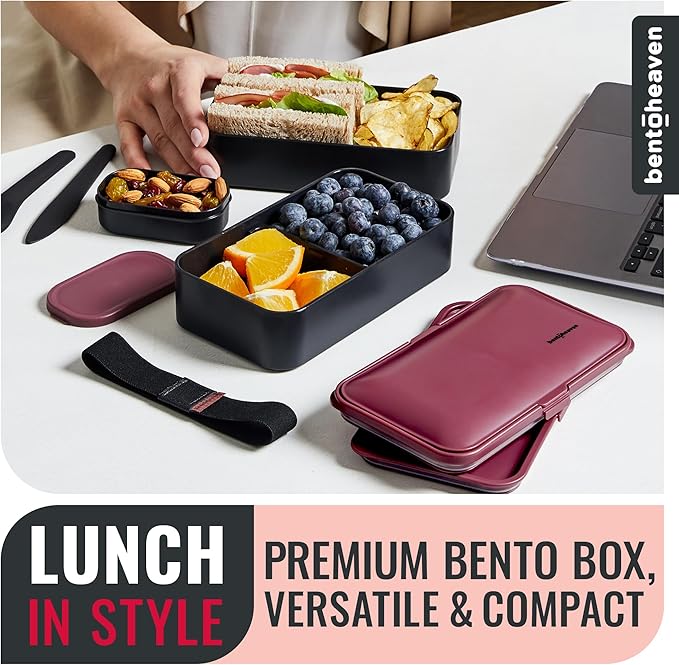 Bentoheaven Bento Box Adult, Stackable Lunch Box, 40 oz, Very Berry | BPA-free, leakproof and microwave-safe with 2 compartments, utensils, chopsticks, divider and sauce cup for men and women.