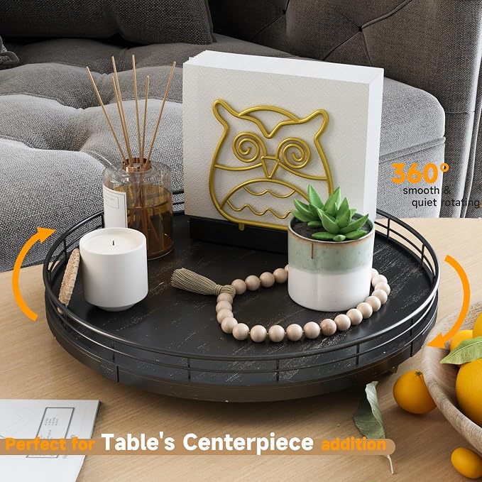 AMH 12-Inch Oak Lazy Susan Vanity Tray with Black Brush Gold Metal Rail | Smooth rotating oak tray with walnut finish for dining tables, kitchen counters, pantries and cabinet storage.