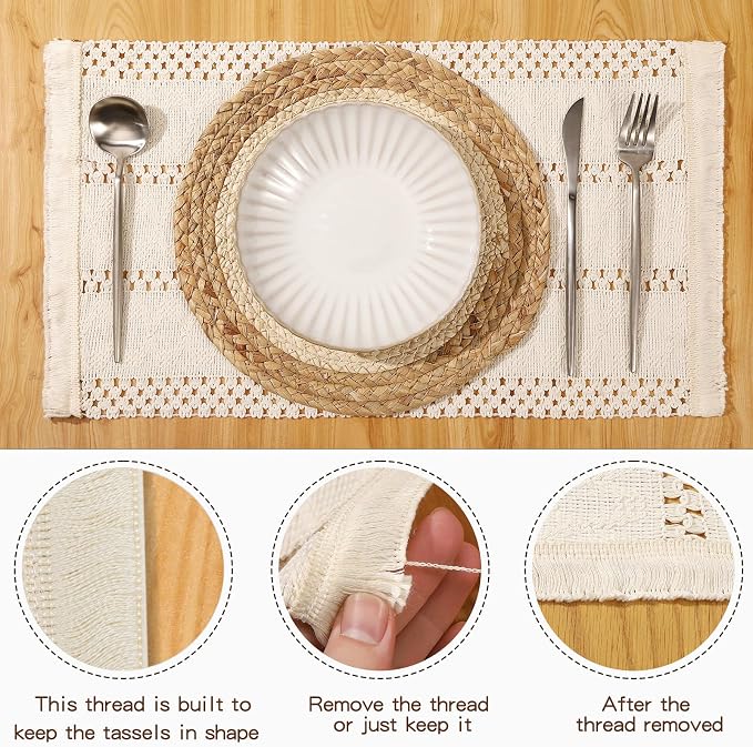 Handmade Boho Placemats Set of 6 | Natural Woven & Fabric Cotton Combo Table Mats | 12-Piece Versatile Place Mats | Rustic Farmhouse Style Dining Table Decor