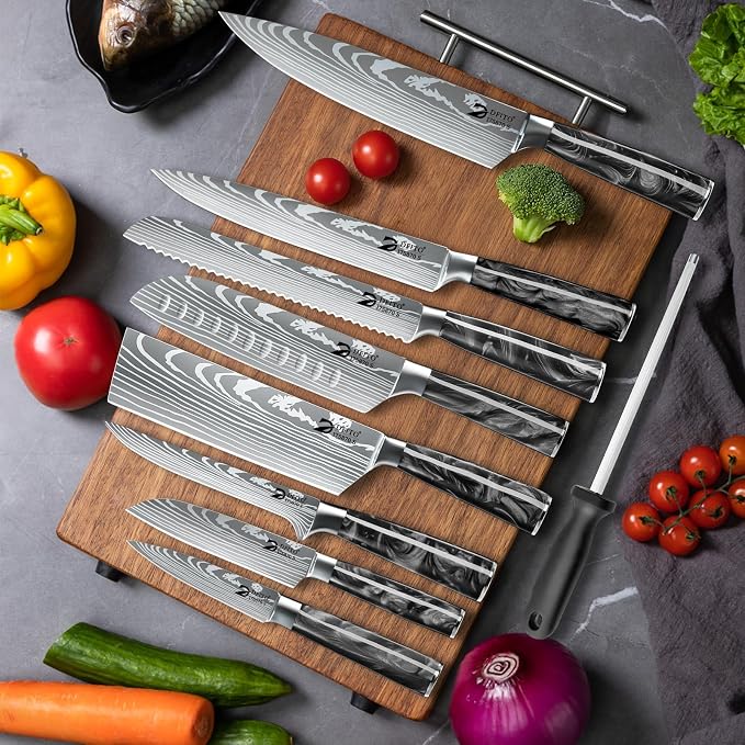 Chef Knife Sets with Roll Bag, 9 Pieces Professional Knife Set | High Carbon Stainless Steel Kitchen Knife Set with Sharpener, Black Resin Handle, Kitchen & Home Cooking, Dishwasher Safe
