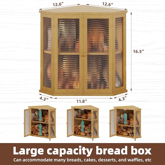 Extra Large Corner Bread Box for Kitchen Countertop, 16.5 inch Bamboo Double Layer Bread Storage with Glass Wavy Door Panel, Eco-Friendly and Stylish Design(Bamboo)