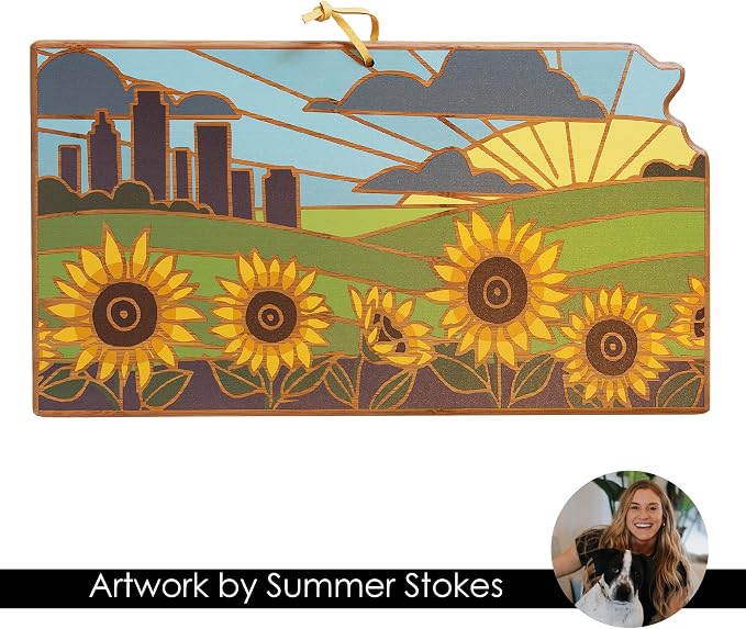 Totally Bamboo Kansas State Shaped Cutting Board, Summer Stokes Art | State charcuterie board with colorful hand-drawn landscape art. Smooth reverse side for food prep. Hang tie for wall display.