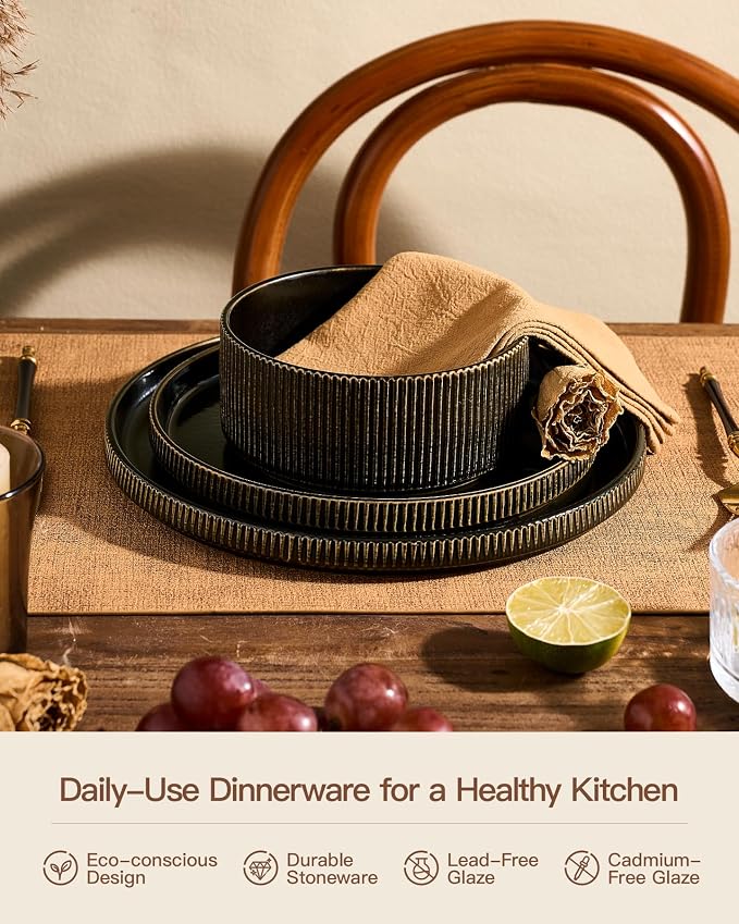 Stoneware Dinnerware Set for 4, Reactive Glaze, Black Gold | 12 pcs Ceramic Plates and Bowls, Handmade Ribbed Dishes, Everyday Use, Microwave & Dishwasher Safe, Chip & Scratch Resistant
