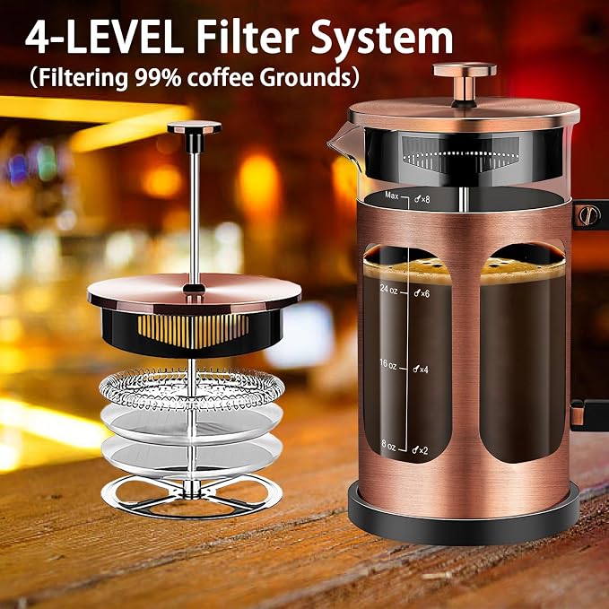 YMMIND French Press Coffee Maker (34oz 1Quart 5-6Cup) Coffee Press, with 4 Filters System, Heat Resistant Thickness Borosilicate Glass, Cold Brew Coffee Tea Pot Gifts (Copper)