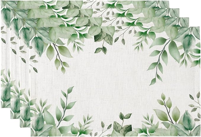 QIYI Boho Table Placemats Set of 4, 12"x18" Linen Place Mats, Green Leaves | Fabric Place Mats for Kitchen Dinning, Farmhouse Rustic Cloth Table Mats, Washable Placemat Party Table Décor
