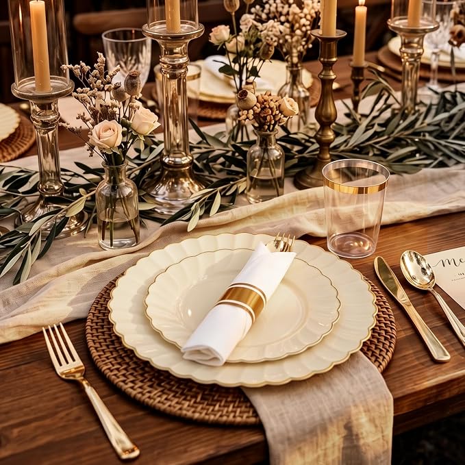 YOUBET 350PCS Ivory Scalloped Plastic Plates for Wedding Party | Ivory and Gold Disposable Dinnerware Set Include 100 Plates, 150 Gold Silverware, 50 Cups, 50 Napkins