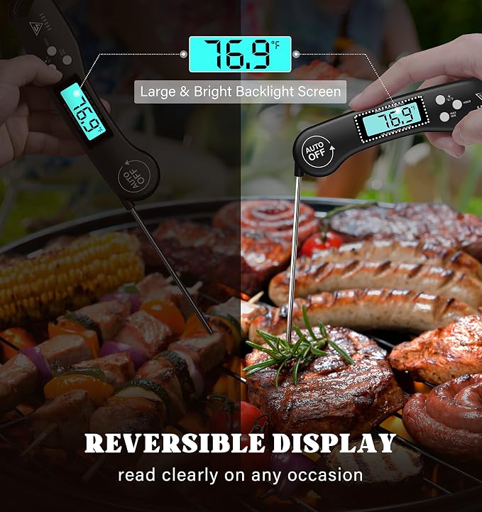 DOQAUS Digital Meat Thermometer, Instant Read Food Thermometer for Cooking | Backlit & Auto-Rotating Display, 4.6” Probe Perfect for Grilling, Baking, and BBQ Gift for Dad Men - Black