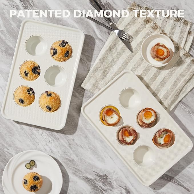 2 Pack Nonstick Ceramic Muffin Pan, 6 Cup Muffin tin for Baking, Non-toxic Cupcake Pan, Heavy-duty Aluminized Steel Cupcake Tray with Diamond Texture, Easy To Clean (Cream, 2PCS)