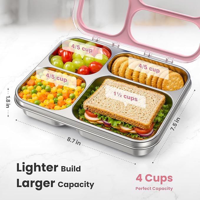 HOMEKOL Stainless Steel Bento Lunch Box, 4 Cups, Pink | 4-Compartment Leak-Proof Metal Lunch Container for Kids & Adults, BPA/BPS-Free, Dishwasher Safe, Clear Lid, (Not Insulated)