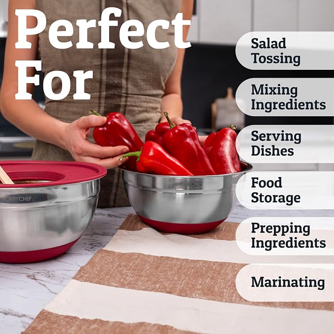 6Pc Stainless Steel Mixing Bowls with Lids Set, Huge 7 Qrt Size Metal Bowl Set for Kitchen, 3 Graters, Non-Slip Bases & Silicone Utensils Set, Red