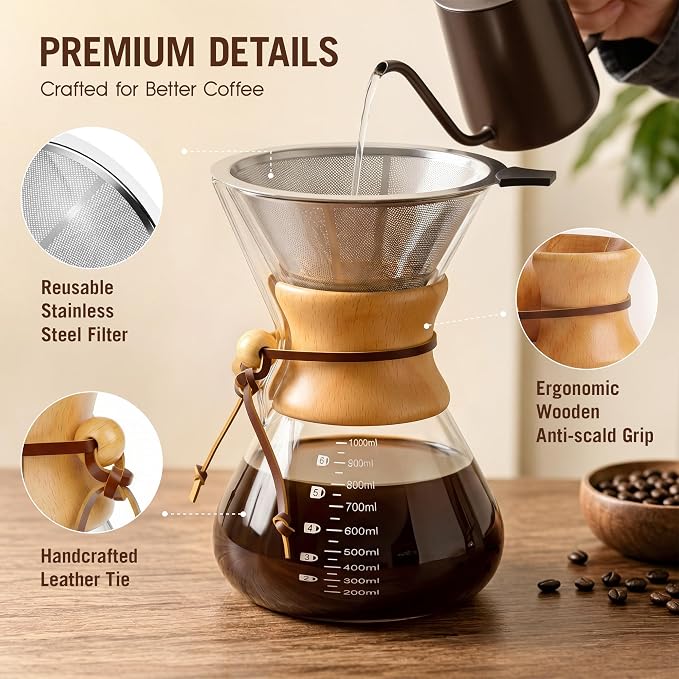 Pour Over Coffee Maker 34oz (1000ml), Borosilicate Glass Carafe with Wooden Handle & Round Body, Double Layer Stainless Steel Filter, Drip Coffee Brewer for Home Camping Hiking