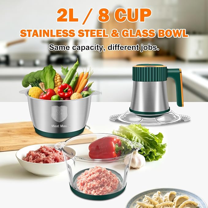 Food Processor, 5 Speed Meat Grinder with 2 Bowls(8 Cup+8 Cup), Green | 4 Bi-Level Blades Electric Food Chopper, Mini Kitchen Cutter for Vegetable Onion Garlic Meat