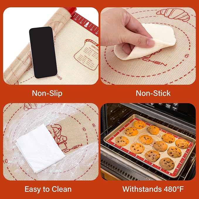 Non-Slip Silicone Baking Mat - 20x28 inch Extra Thick Pastry Mat with Measurements for Sourdough, Macarons, Bread, Pizza, Dough Rolling, Kneading, Oven Mat Heat Resistant to 480°F for Baker