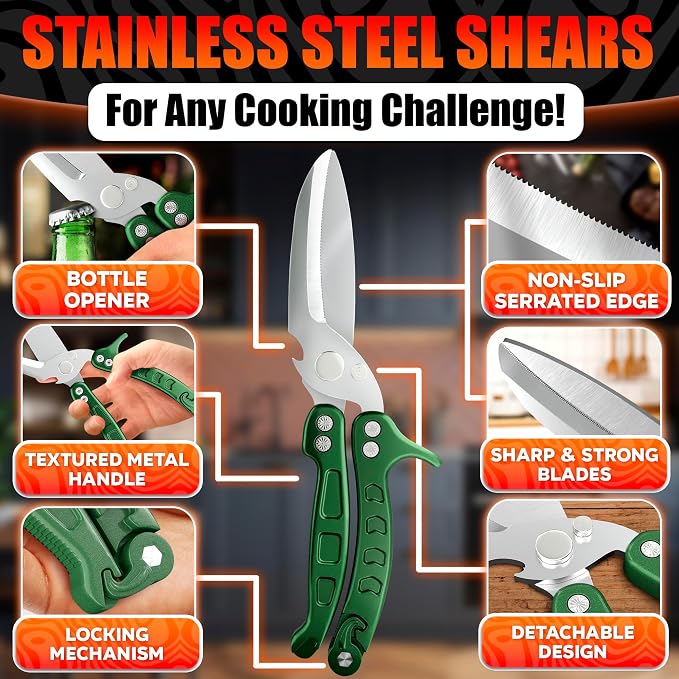 Kitchen Shears Heavy Duty, Safety Lock, Stainless Steel (Green) | Poultry Shears for Chicken, Turkey, Spatchcock, Fish; Bone Cutting Scissors, Micro-Serrated, Spring-Loaded, Separate to Clean