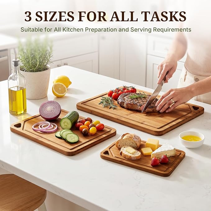 GASHELL Bamboo Cutting Board Set with Beeswax Coating for Kitchen(S+M+L) | Deep-Carbonized Chopping Board with Juice Grooves, Non-toxic, Lightweight, Reversible, Meal Prep & Serving