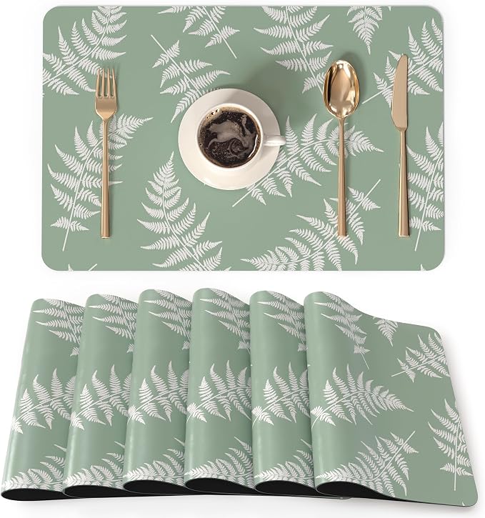 QIYI PU Leather Placemats Set of 6, 12"x18" Waterproof Table Mats, Leaves | Faux Leather, Heat Resistant, Anti Slip, Wipeable Place Mats for Kitchen Dinning, Party Table Décor, Fern Leaves