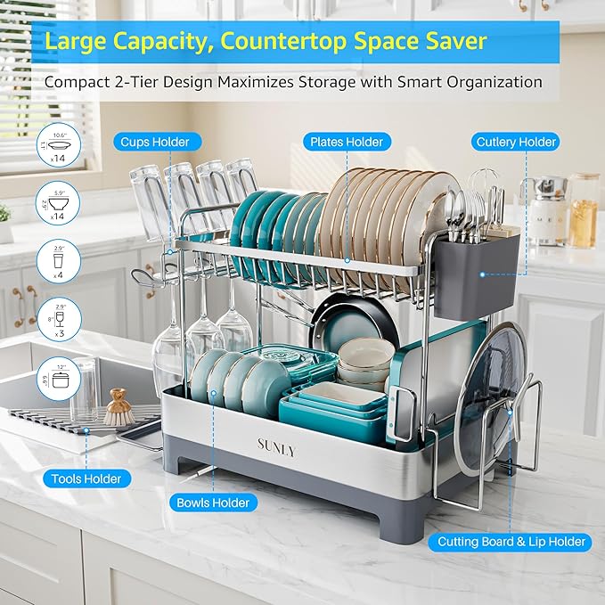 Large Dish Drying Rack, Multipurpose 2 Tier Dish Racks for Kitchen Counter, 304 Stainless, Extra Large Drain Board, Gray