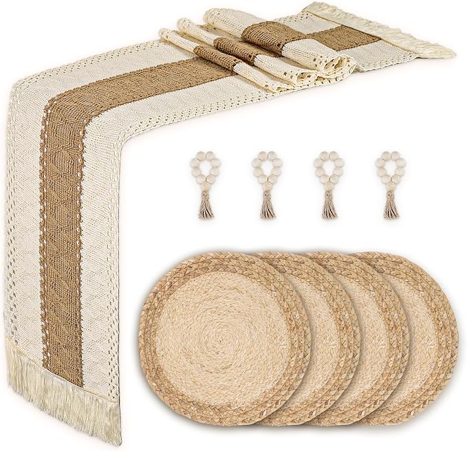 Placemats Set of 4,Natural Round Placemats with Table Runner & Napkin Rings | Made of Cotton Burlap and Corn Husk,Protective,Heat-Resistant,Non-Slip Boho Table Mats Fall Placemats for Dining Table Décor