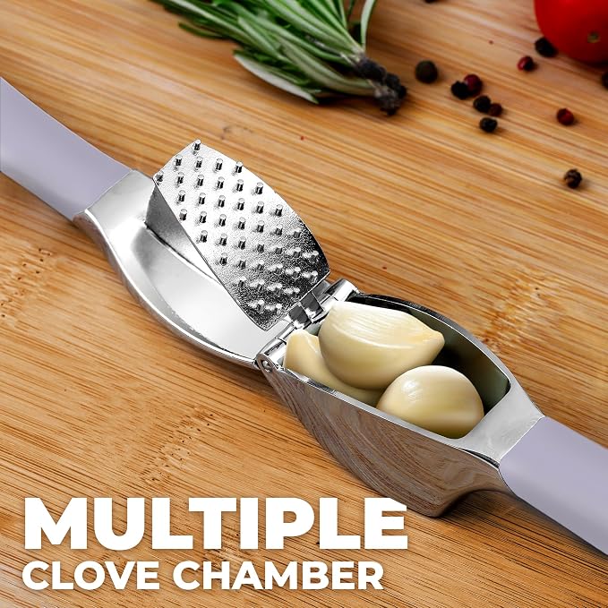 Zulay Kitchen Metal Comfort Grip Garlic Press | Garlic Mincer Tool - Garlic Crusher - Rust Proof Garlic Press, Ergonomic Handle, Easy Clean with Peeler and Brush - Lavender