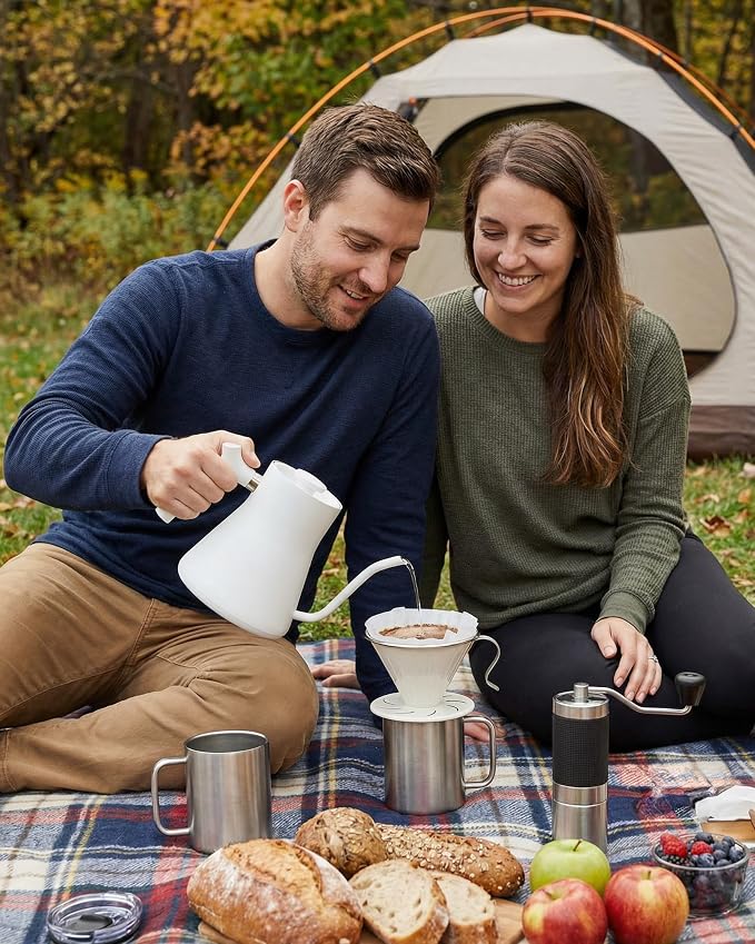 AGOGO Stainless Steel V60 Coffee Dripper & 50 Paper Filters, Cream | Unbreakable carafe for kitchen RV camp and office, includes barista towel, lead-free food grade 304 stainless steel