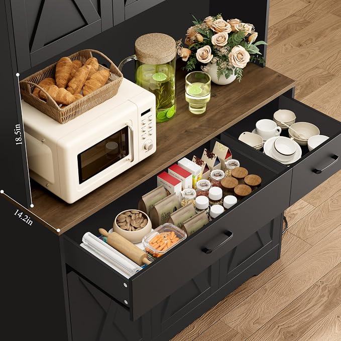 HOSTACK 71"H Kitchen Pantry Storage Cabinet, Farmhouse Hutch Cabinet, Black | Space-Saving Pantry Cabinet with Charging Station & 2 Large Drawers & Adjustable Shelves, Tall Kitchen Hutch, Dining Room