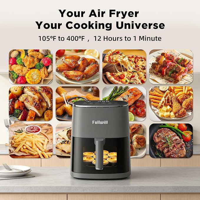 Fullwill 6QT Air Fryer with Viewing Window,12-in-1 Multi-Function Air Fry,Roast,Bake, Dehydrate, Fries,Nonstick and Dishwasher-Safe Basket,Family&friends Party,Max 400℉ Crisping 1700W,Gray