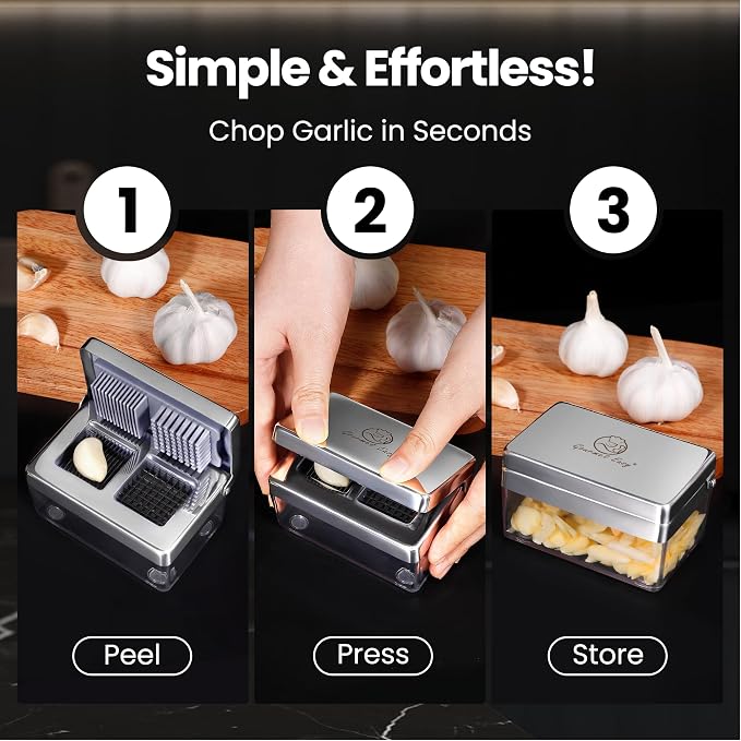 Gourmet Easy Garlic Press Chopper, 2-in-1 Slicer & Dicer, Fridge Friendly | Airtight Container Keeps Garlic and Ginger Fresh, Cleaning Sieve Included, Stainless Steel, Dishwasher Safe, 5-Year Warranty
