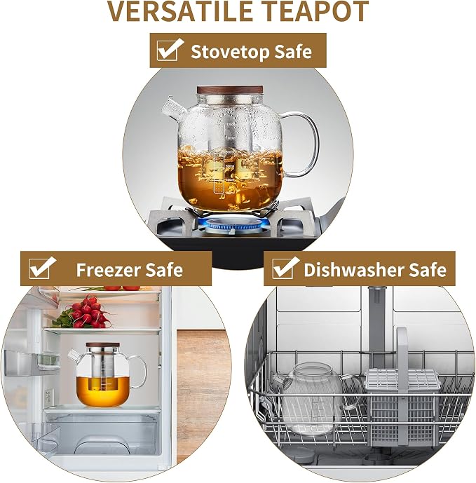 Glass Teapot with Infuser and Lid - 40oz Borosilicate Glass Teapot with Heat-Resistant Handle, Stainless Steel Mesh Infuser for Loose Leaf & Blooming Tea, Stovetop & Microwave Safe