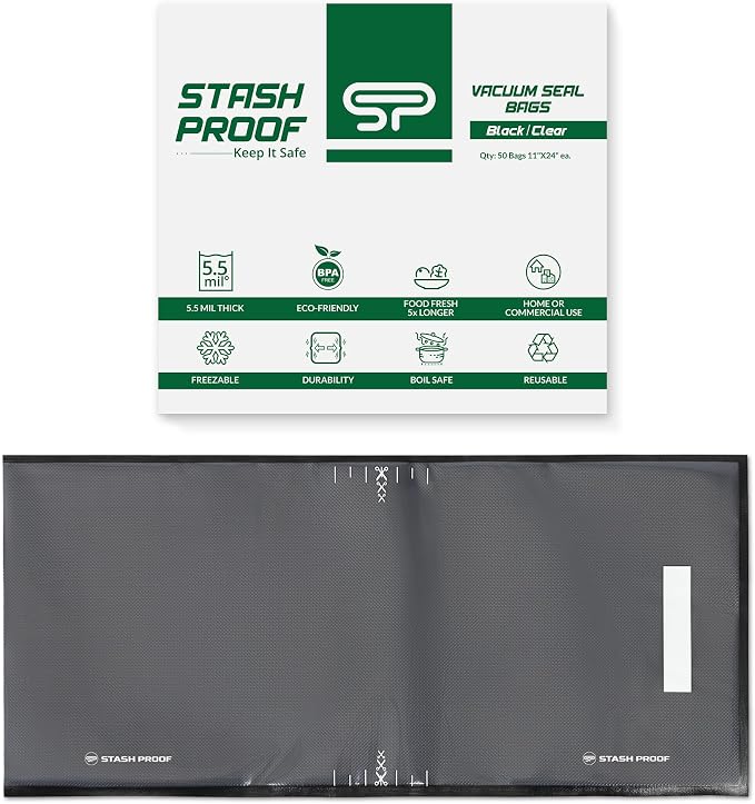 Vacuum Seal Bags 11" x 24" (50 Count) 5.5 Mil (Black & Clear) BPA Free Precut Heavy-Duty Commercial Grade Sealer Bags, Food Saver, Sous Vide, Meal Prep, Freezer Storage & Food Preservation