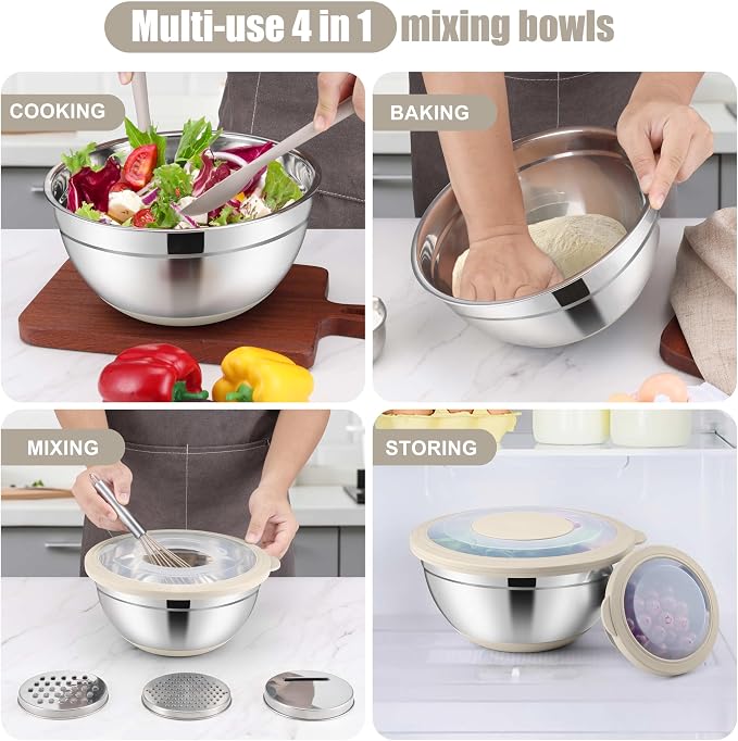 E-far Stainless Steel Mixing Bowls with Lids & Colander, 15PCS | Nesting Mixing Bowl with Non-Slip Bottom & 3 Metal Grater, For Kitchen Prep Baking Storage, 4.6, 3, 1.5, 1, 0.7QT, Khaki