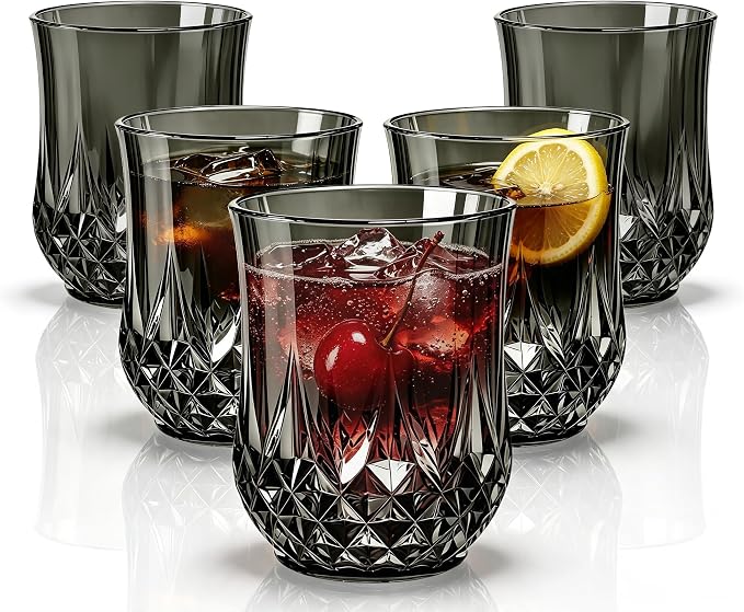24 Pack 12 Oz Plastic Stemless Wine Glasses, Black | Unbreakable, Reusable, Elegant Vintage Design, Fancy Cocktail Cups, Whiskey, Champagne, Wedding, Party, Bars, Holiday Events