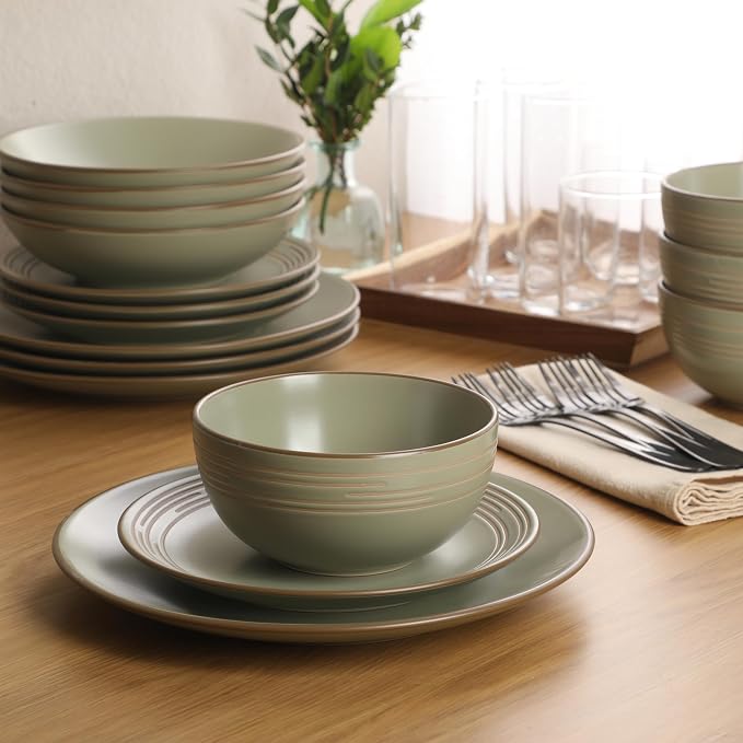 Gibson Home Chiswick House 16-Piece Stoneware Dinnerware Set, Round Plates and Bowls Set for 4, Green with Wax Relief Embossed Rim Detail, Dishwasher Safe – Dinner Plate, Salad Plate & Cereal Bowl