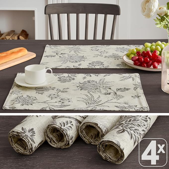 JINCHAN Sliva Linen Floral Placemats Set of 4 Farmhouse 13x19 Inch Grey | Fabric Placemats, Cottage Style, Painterly Floral Pattern, Machine Washable, Easy to Store, Reusable